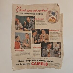 VTG 1950 CAMELS AGREE W MY THROAT Cigarette Ad 20 Game Winners Baseball Parnell